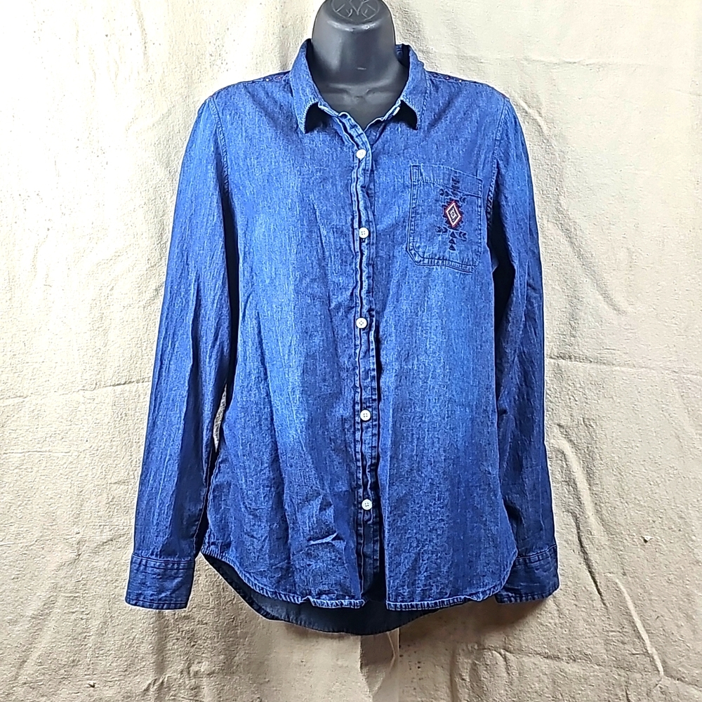 Zumiez Empyre Denim Blue Red Button Front Embroidered Long Sleeve Shirt